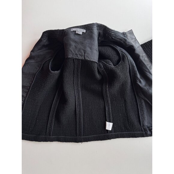 VINCE Black Wool Boucle Knit Lamb Leather Minimalist Collarless Jacket, Size 2 - Picture 9 of 14